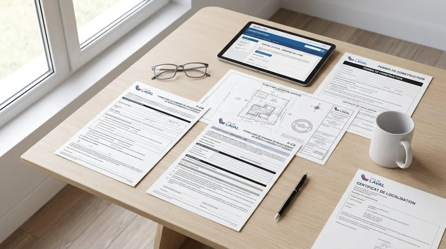 Documents administratifs officiels demande raccordement eau municipalité québécoise : plan arpenteur certifié, formulaire municipal, permis construction et certificat localisation étalés sur bureau