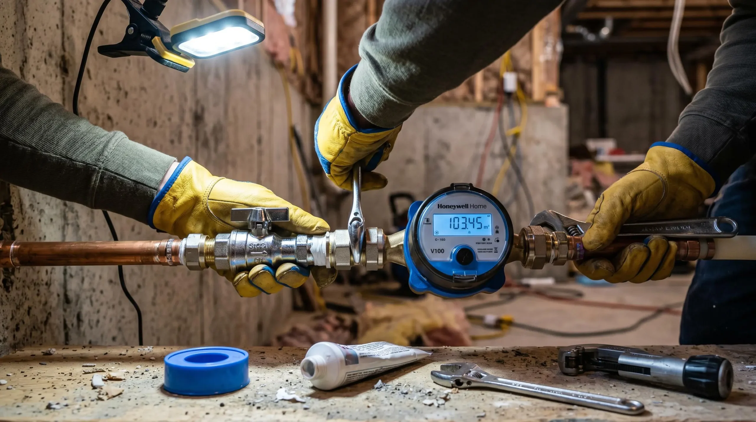 Gros plan mains plombier gantées installant compteur eau numérique résidentiel et clapet anti-retour chromé sur raccordement conduite, outils professionnels visibles, fond mur béton sous-sol