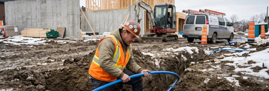 Plombier certifié RBQ installant conduite polyéthylène bleue dans tranchée excavée sur chantier maison neuve Grand Montréal, fondations béton et charpente bois en arrière-plan, camionnette service plomberie visible