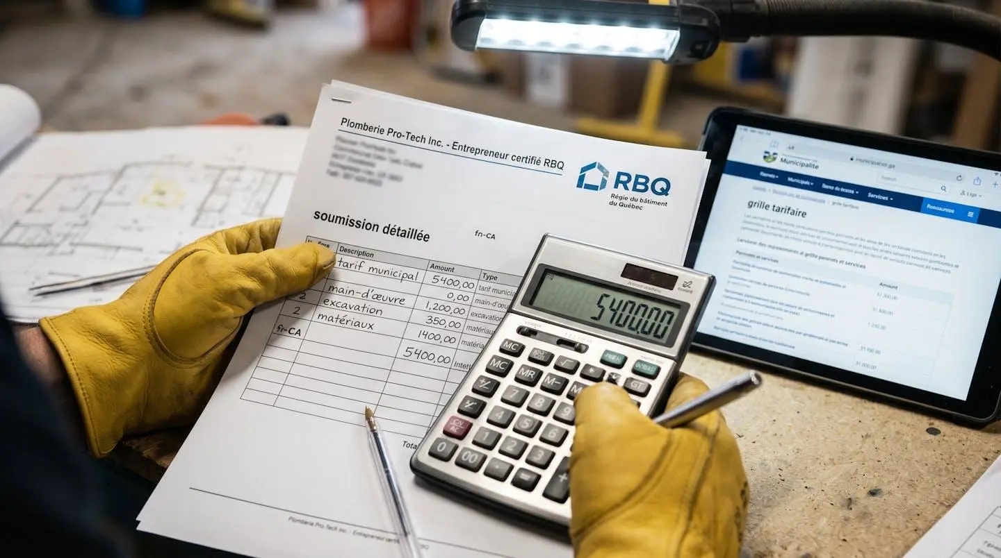Soumission détaillée plombier certifié RBQ avec calculatrice affichant montant total, feuille calculs ventilation postes coûts et tablette montrant tarifs municipalité sur bureau