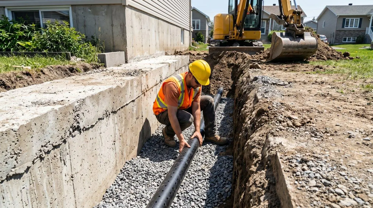 Technicien installant tuyau de drain français perforé dans tranchée d'excavation le long de fondation résidentielle québécoise, mini-excavatrice en arrière-plan, chantier extérieur en période estivale